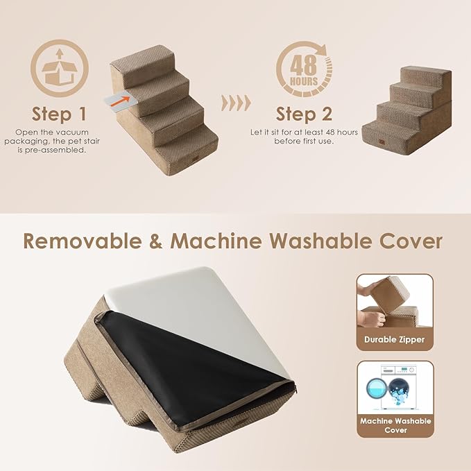 EHEYCIGA Dog Stairs for Bed 18" H, 4-Step Dog Steps for High Bed, Pet Steps for Small Dogs and Cats, Non-Slip Balanced Pet Ramp Indoor, Camel-PawvioPets