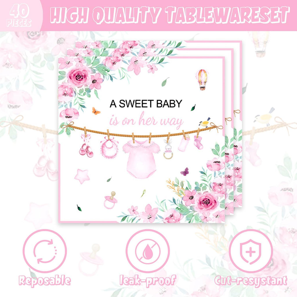 40pcs Pink Floral Baby Shower Decorations Girl Gender Reveal Supplies,Spring Rose Pink Baby Shower Plates and Napkins,Suitable for 20 Guests