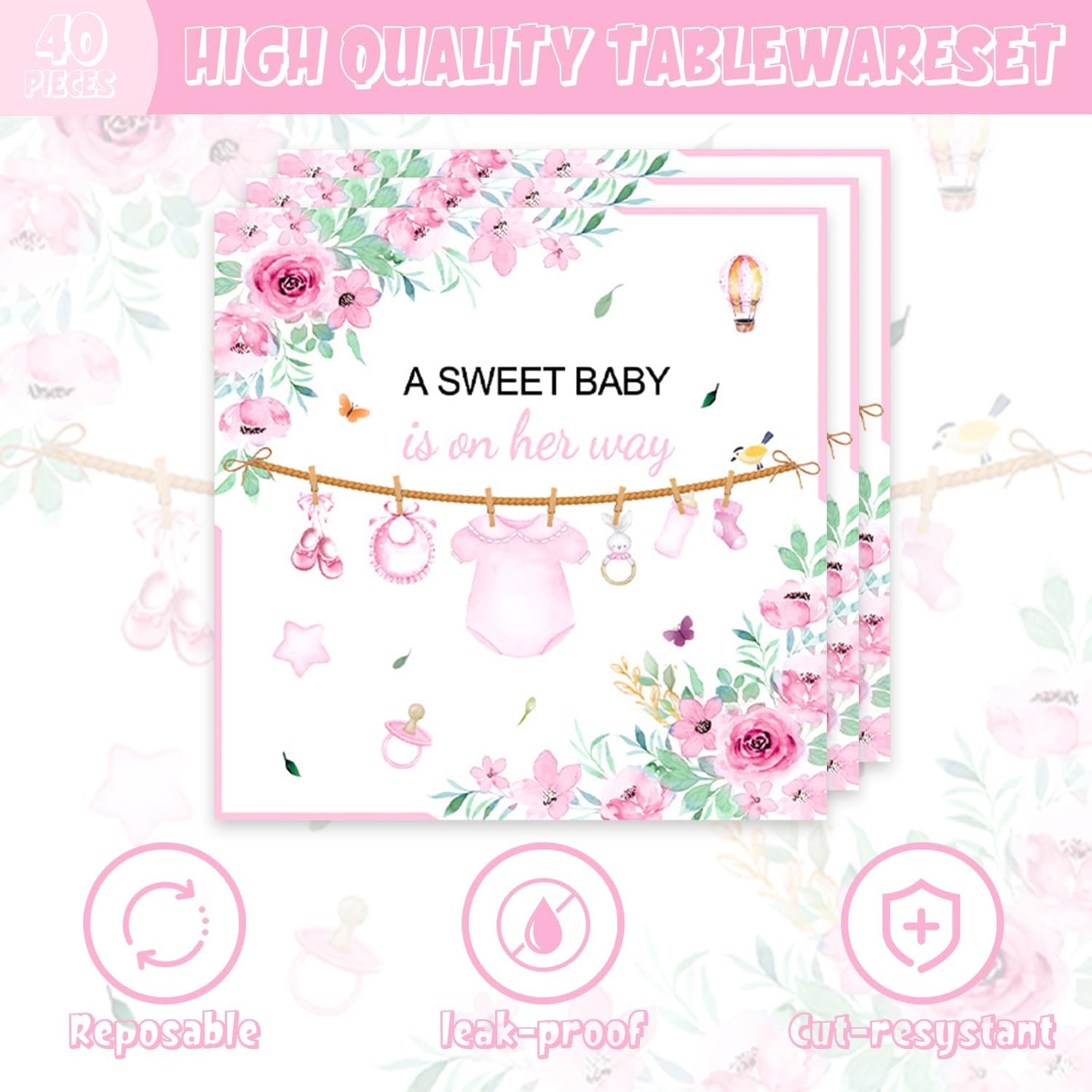 40pcs Pink Floral Baby Shower Decorations Girl Gender Reveal Supplies,Spring Rose Pink Baby Shower Plates and Napkins,Suitable for 20 Guests