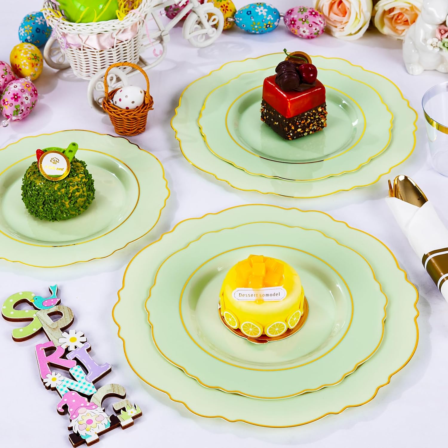 Liacere 350PCS Light Green Plates - Disposable Green and Gold Plastic Plates 50guest Baroque Dinnerware include 100Plates,50Pack Pre Rolled Napkins with Silverware 50Cups for Mother's Day