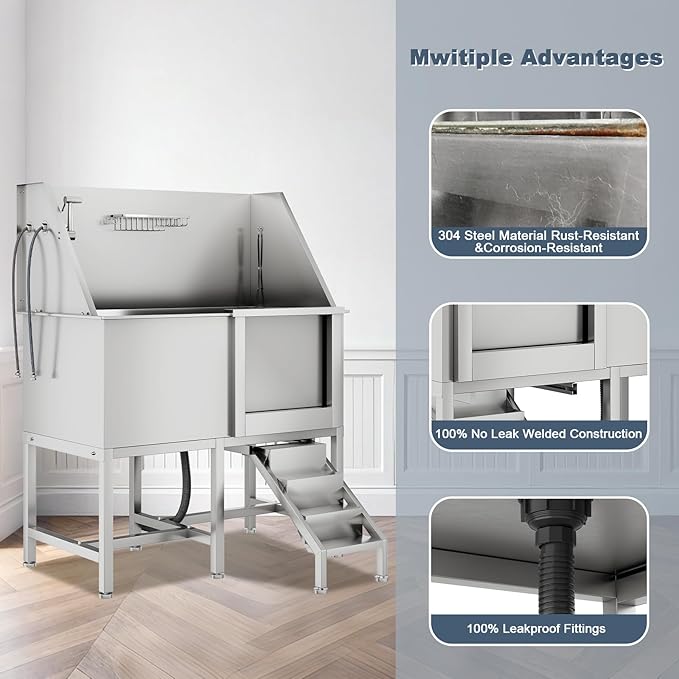 CuisinSmart 50" Dog Bathtub for Large Dogs, Professional Dog Washing Station with Dog Wash Attachment, Bath Pool for Outdoor, Indoor Shower and Grooming (50" Right Door)-PawvioPets