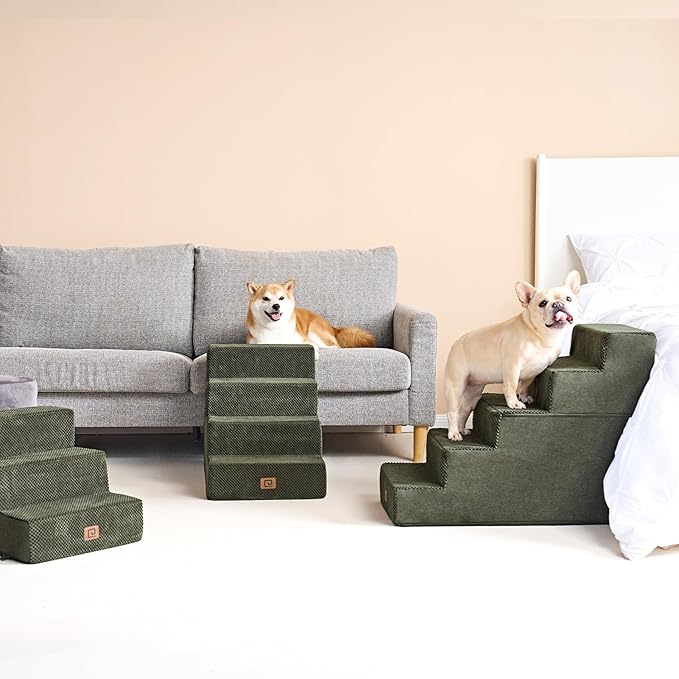 EHEYCIGA Dog Stairs for High Bed 22.5" H, 5-Step Dog Steps for Bed, Pet Steps for Small Dogs and Cats, Non-Slip Balanced Pet Ramp Indoor, Olive Green-PawvioPets