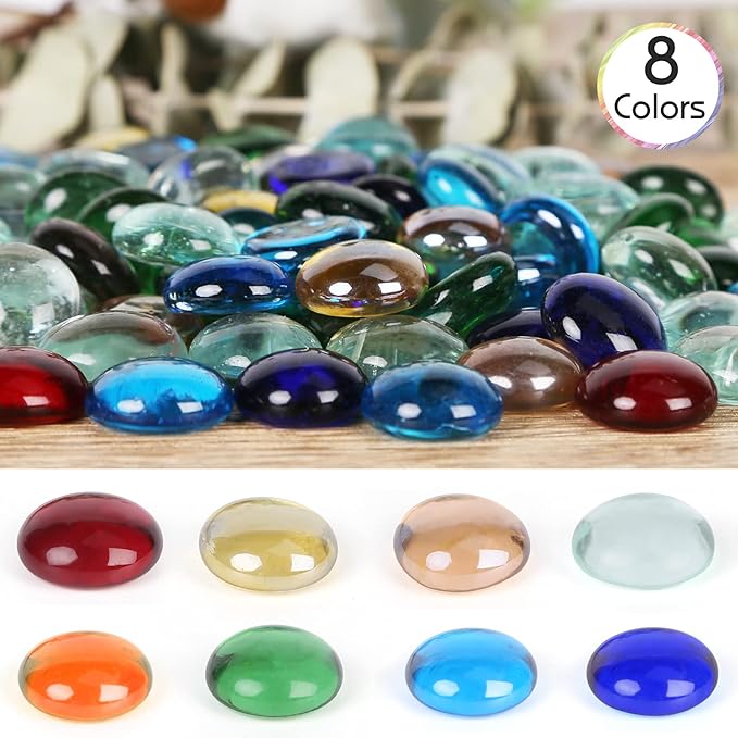 FUTUREPLUSX 1LB Multicolored Flat Glass Marbles, Mixed Mancala Stones Pebbles Flat Beads Mosaics Gemstones for Vase Filler Table Scatter Home Decor-PawvioPets