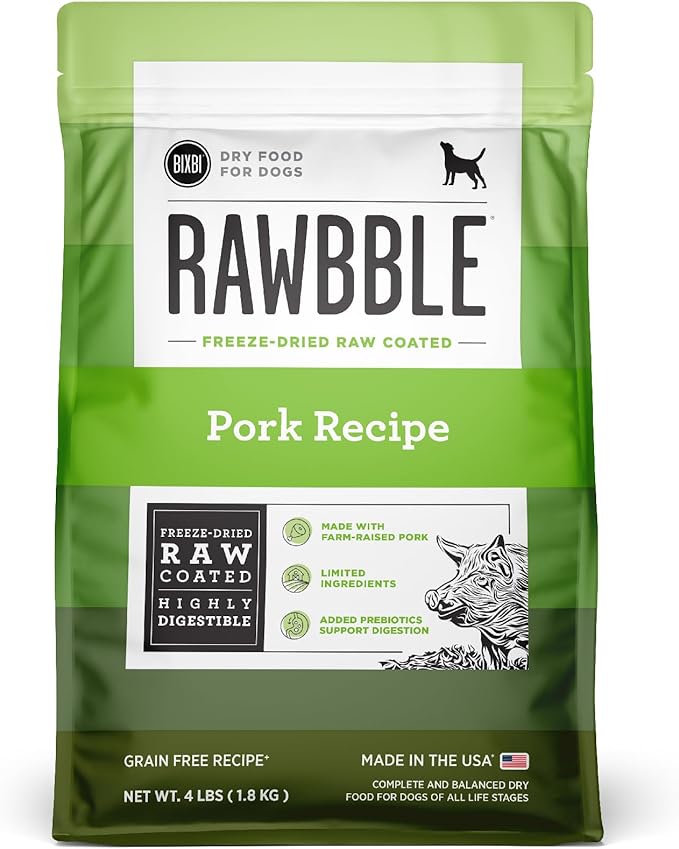 BIXBI Rawbble Dry Dog Food, Pork, 4 lbs - USA Made with Fresh Meat - No Meat Meal & No Corn, Soy or Wheat - Freeze Dried Raw Coated Dog Food - Minimally Processed for Superior Digestibility-PawvioPets