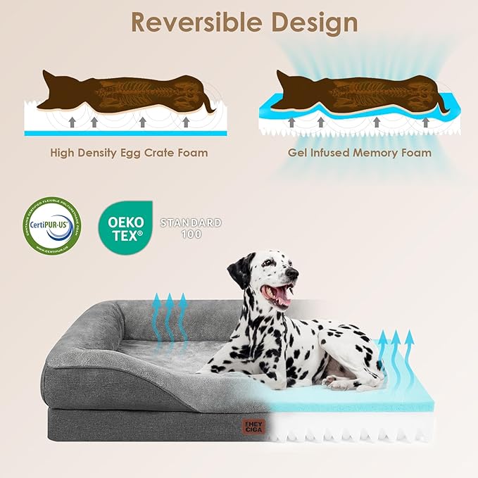EHEYCIGA Memory Foam XXL Dog Bed for XLarge Sized, Extra Large Orthopedic Dog Sofa with Sides and Waterproof Liner, Washable Bolster Pet Couch with Removable Cover, 52x41x8 Inch, Grey-PawvioPets