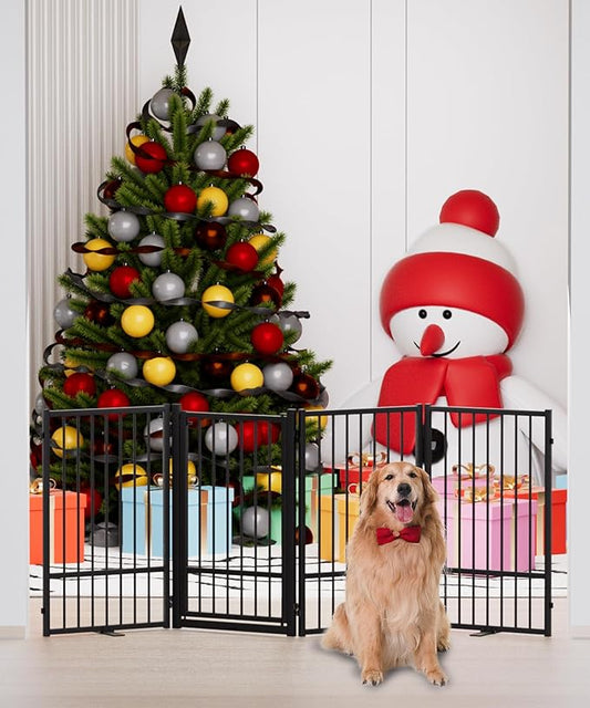 Full Metal Freestanding Dog Gate with Door, 32''Height Foldable Pet Dog Fence for Indoor & Outdoor, 4 Panels Extra Wide Free Standing TallDog Gates for Doorways,House,Stairs,Porch,Deck,Yard-PawvioPets
