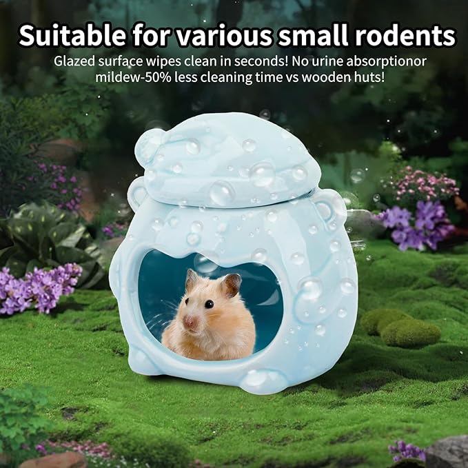 3-in-1 Bear Shaped Ceramic Hamster House - Cool House for Syrian Dwarf Hamsters, Mice, Gerbils， Small Pets, Top for Hamster Food, Removable Lid for Ice Packs, Cute Cool Hideout for Summer（Blue）-PawvioPets