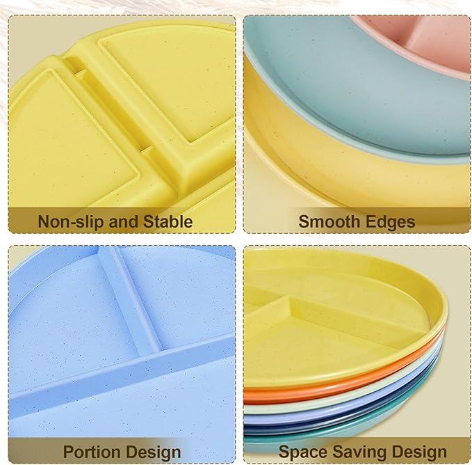 Divided Plates for Adults (8 Packs), Unbreakable Portion Control Plate Sectioned with Dividers, 9 Inch Plastic Food Separator Dinner Plates Lightweight Compartment BPA Free Reusable Microwave Safe-PawvioPets
