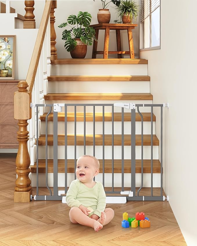 29"-40" Baby Gate for Stairs, Auto Close Stroller Friendly Dog Gate Indoor for Doorways, Pressure Mounted Baby Gate, Easy Walk Through Gate for Children & Pets, Grey-PawvioPets
