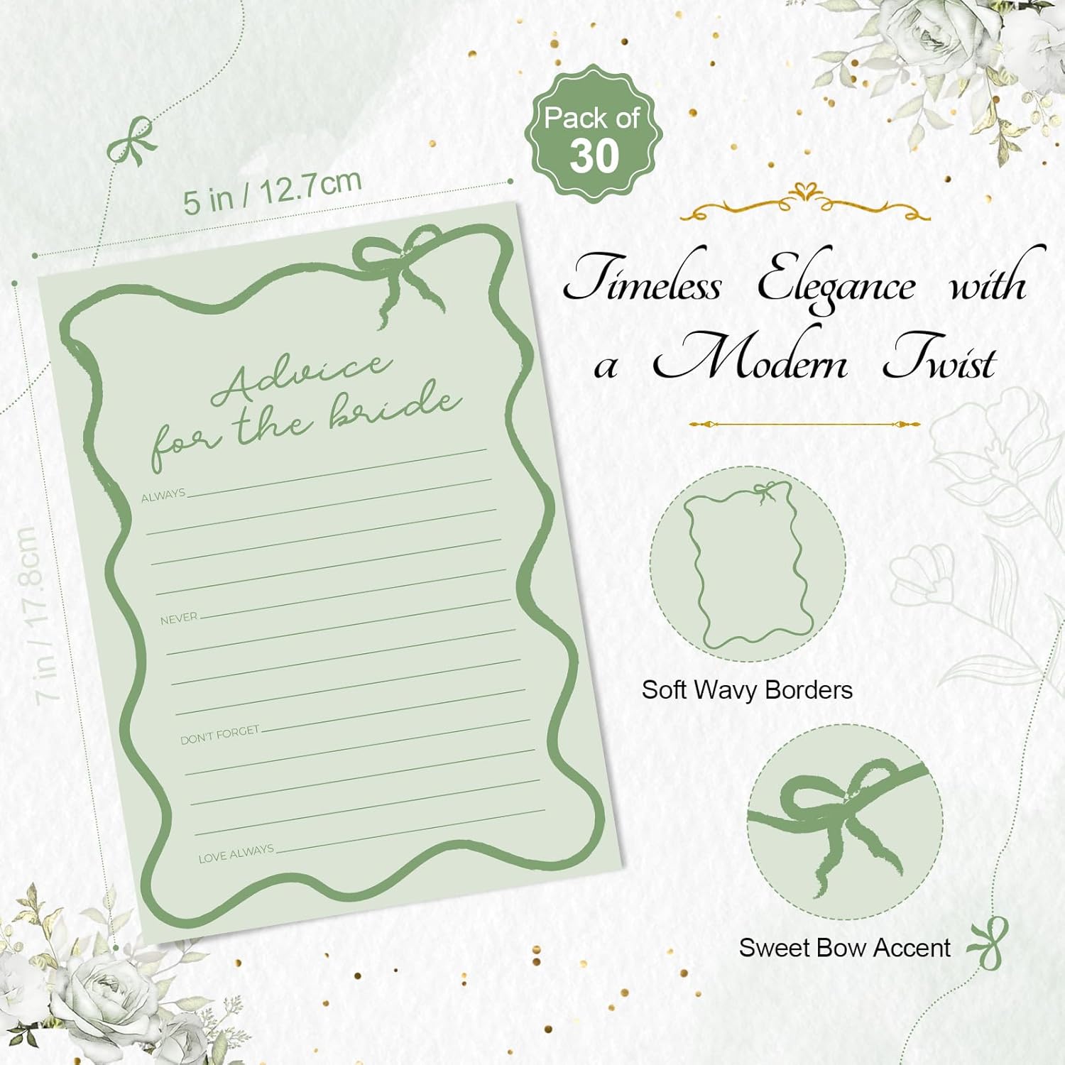 DEEKA 30 PCS Bridal Shower Games Card for 30 Guests Sage Green Wavy Border Ribbon Bow Funny Wedding Bachelorette Party Games for Reception (Advice for The Bride)