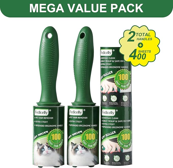 Fedicelly Extra Sticky Lint Rollers Pet Hair Remover for Laundry Clothes Furniture Carpet,Total 400 Sheets Lint Rollers Refills Dog Cat Hair Lint Remover Brush Couch-PawvioPets