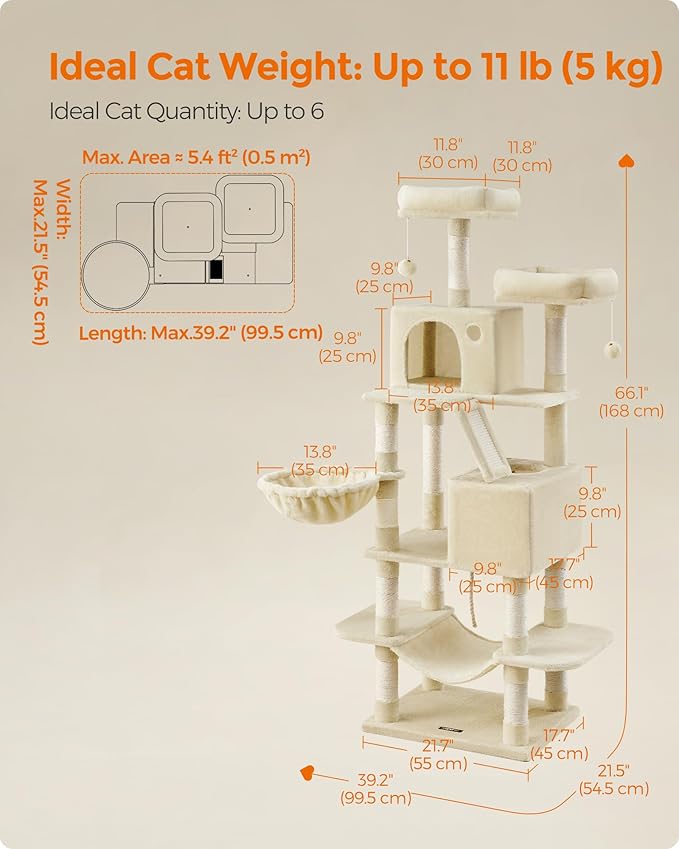 Feandrea Cat Tree, 66.1-Inch Large Cat Tower with 13 Scratching Posts, 2 Perches, 2 Caves, Basket, Hammock, Pompoms, Multi-Level Plush Cat Condo for Indoor Cats, Beige UPCT165M01-PawvioPets