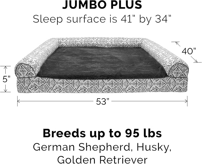 Furhaven Orthopedic Dog Bed for Large Dogs w/ Removable Bolsters & Washable Cover, For Dogs Up to 125 lbs - Plush & Southwest Kilim Woven Decor Sofa - Boulder Gray, Jumbo Plus/XXL-PawvioPets