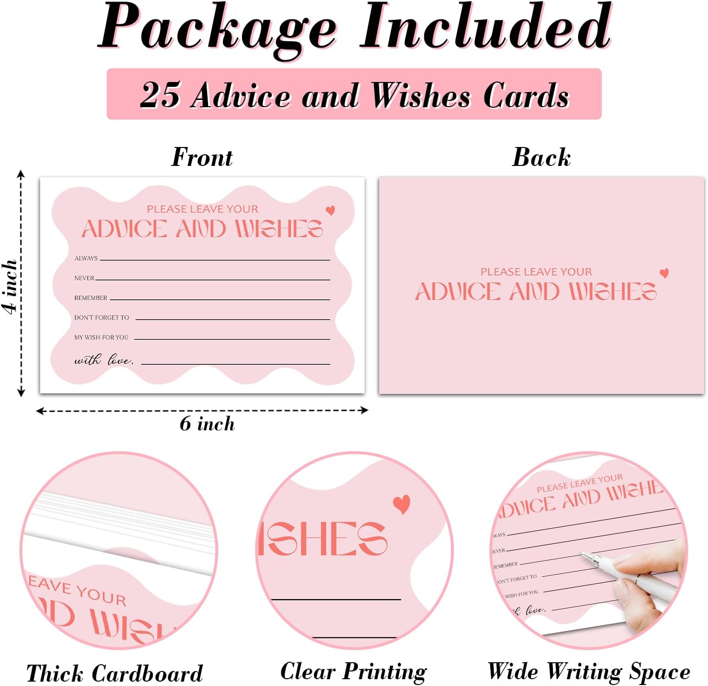 25 Advice and Wishes Cards, Pink Wavy Fill-In Advice Cards for Bridal Shower Wedding Birthday Party Baby Shower Graduation Party, Well Wishes Card for Mr & Mrs Adults, Party Supplies -01