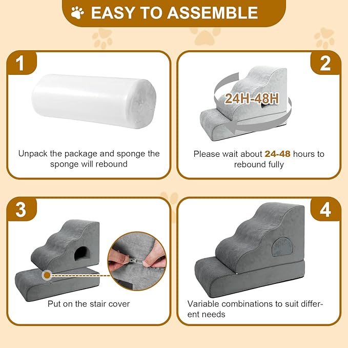 Dog Stairs for Small Dogs 19.7" H, 4-Step Dog Steps for High Bed, High-Density Foam Curved Pet Stairs with Non-Slip Removable Washable Cover to Get on Bed-PawvioPets