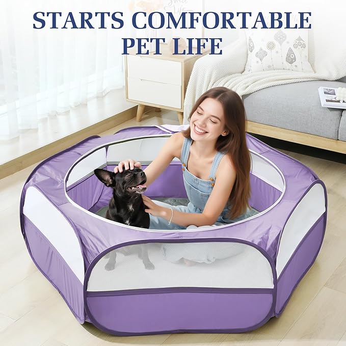 2-in-1 Small Animals Playpen with Pad, Waterproof Small Pet Cage Tent with Reusable Pad, Portable Outdoor Yard Fence with 3 Metal Rod for Chick/Kitten/Puppy/Guinea Pig/Rabbits/Chinchillas, Purple-PawvioPets