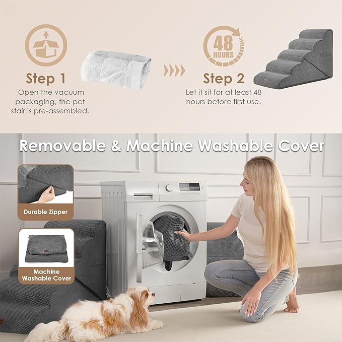 EHEYCIGA Curved Foldable Dog Stairs Ramp for High Beds 22.5" H, 5-Step Dog Steps for Small Dogs and Cats, Pet Stairs for High Bed Climbing, Non-Slip Balanced Pet Step Indoor, Grey-PawvioPets