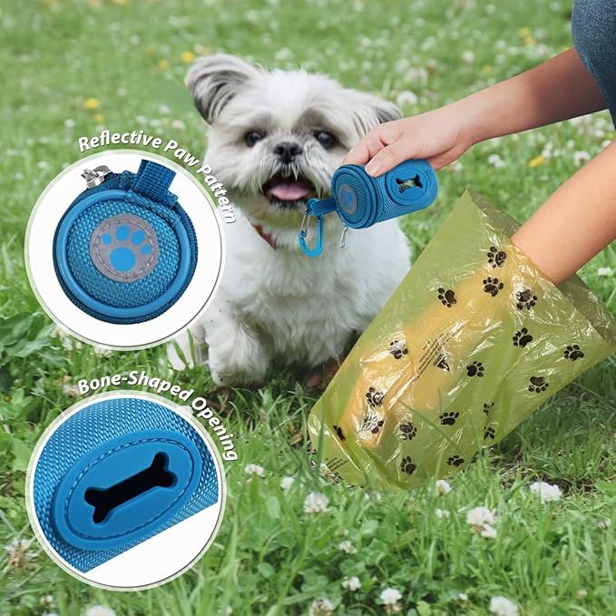 Dog Poop Bag Holder for Leash Doggie Waste Bag Dispenser Soft Fabric Puppy Potty Carrier Small Doggy Zipper Pouch with Carabiner Clip 1680D Nylon Oxford with 1 Roll of Pet Trash Bags, Sky Blue-PawvioPets
