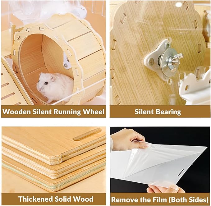 Cycodo 8 in 1 Acrylic Hamster Cage,2-Tier Dwarf Hamster Cage with Wooden Wheel & Hideout,Small Hamster Habitat with Accessories,Clear Pet Mice House(White,14" L*10" W*11" H)-PawvioPets