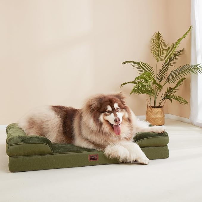 EHEYCIGA Orthopedic XXL Dog Bed for Extra Large Dogs, Waterproof Memory Foam Couch Bed with Sides, Non-Slip Bottom, Washable Removable Cover,Olive Green-PawvioPets