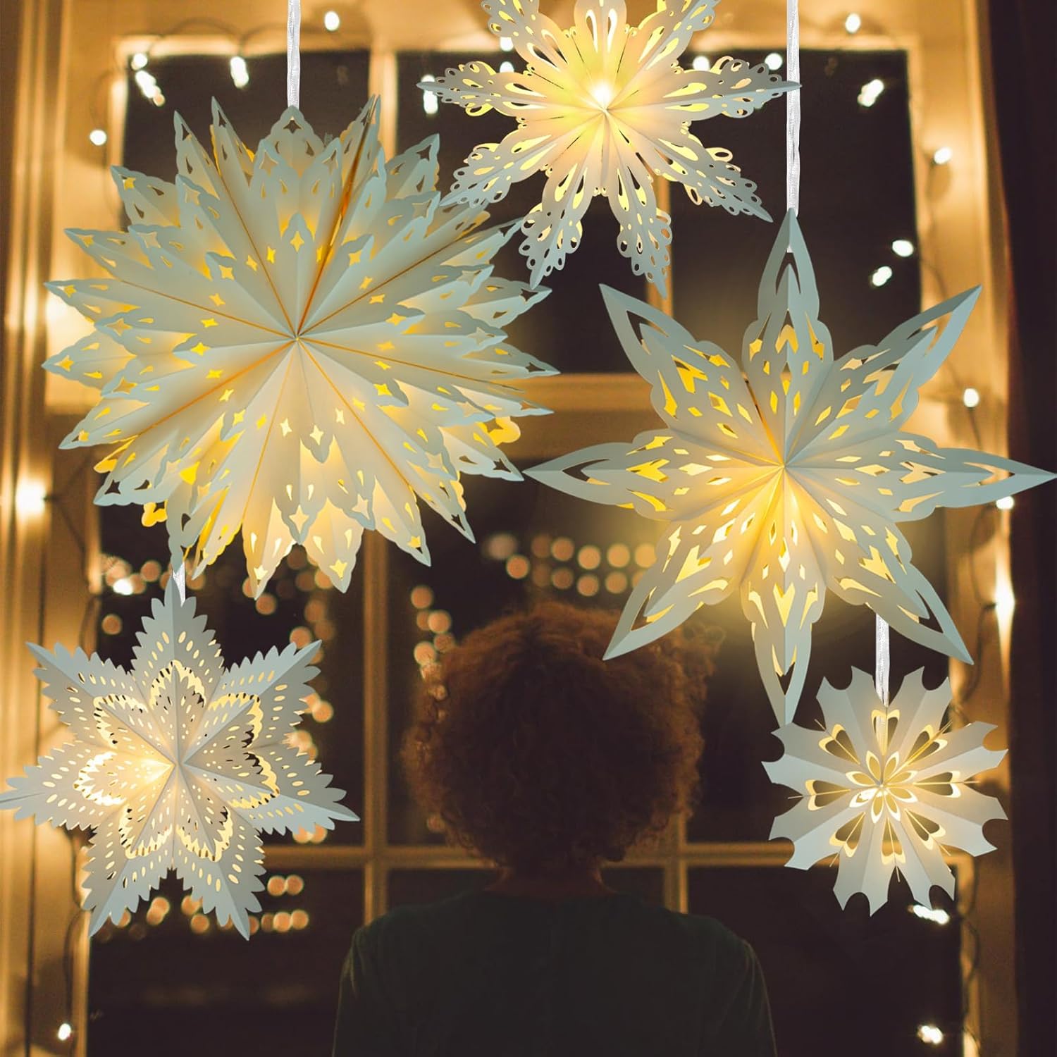 5 Pack Christmas Paper Snowflake Lanterns, Christmas Paper Star Lantern with LED Light White Hanging Lamp Ornaments for Xmas Tree New Year Winter Frozen Weddings Birthday Holiday Party Decorations