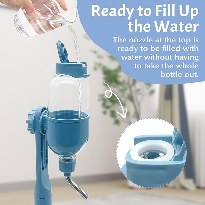 Fhiny Dog Water Feeder Bottle with Stand, Dispenser Automatic Water Food Bowl for Cage No-Drip Leak-Proof Adjustable Raised Pet Slow Water Bottle Dog Kennel Durable Drinker (Blue, 17oz)-PawvioPets