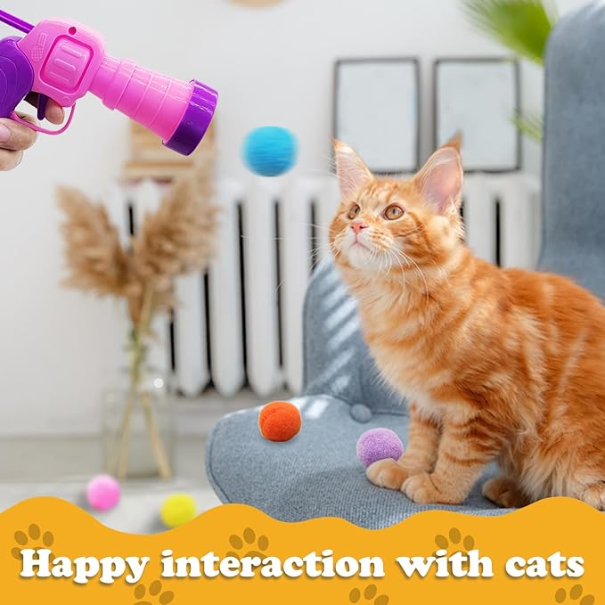 Andiker Plush Pom Pom Balls Set - Interactive Cat Toy (30pcs - Pink: 100balls, Launcher Set)-PawvioPets