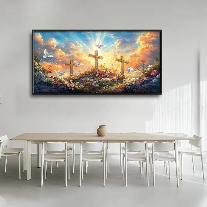 Framed Large Christian Jesus Wall Art, Oversized Floral Dove Wall Decor for Living Room, Landscape Canvas Painting Peaceful Pictures Modern Artwork for Living Room Bedroom Office 60"x30"-PawvioPets