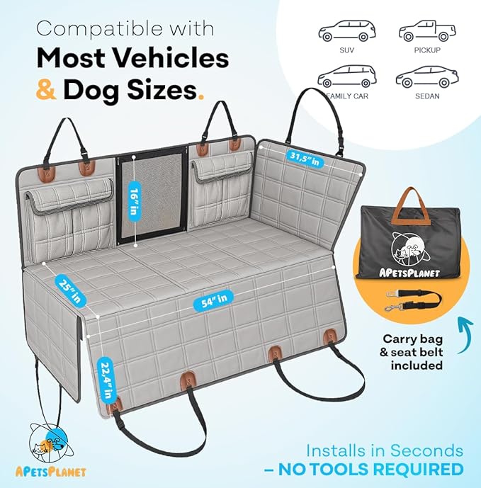APetsPlanet Dog Car Seat Cover for Back Seat Hard Bottom - Waterproof Backseat Extender for Dogs - Pet Hammock Bed for Car, Truck, SUV with Mesh Window & Storage - Gray Leather, with Door Covers-PawvioPets