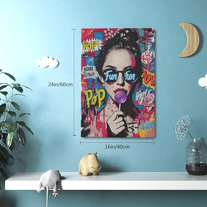 Fashion Women Wall Art Glam Modern Artwork for Girls Banksy Street Graffiti Pop Art Canvas Pictures Painting Print Framed Decorations Gifts for Bedroom Living Room Office 16"x24"-PawvioPets