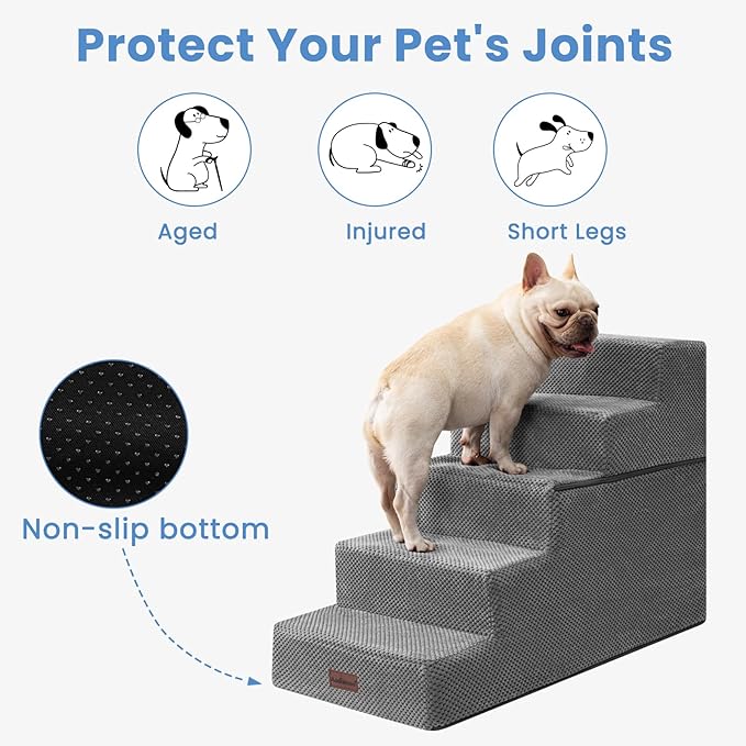 Dog Stairs for High Bed 22.6" H,5-Step Dog Steps for Small Dogs and Cats,Indoor Non-Slip Balanced Pet Stairs are Suitable for Puppy,Older Cat,Grey-PawvioPets