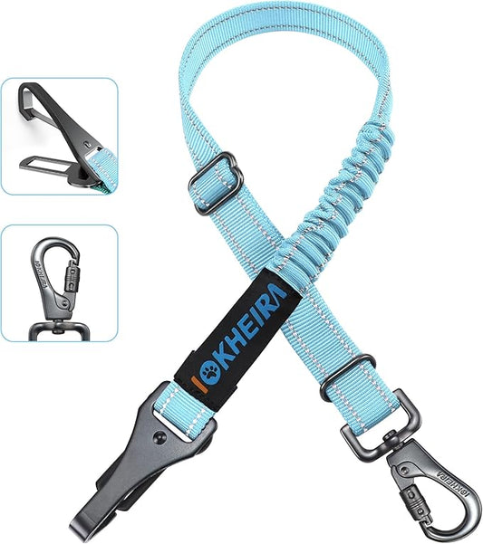 Dog Seat Belt 3-in-1 Car Harness for Dogs Adjustable Safety Seatbelt for Car Nylon Reflective Bungee Fabric Dog Car Harness with Clip Hook Latch & Buckle, Swivel Zinc Alloy Carabiner (Light Blue)-PawvioPets
