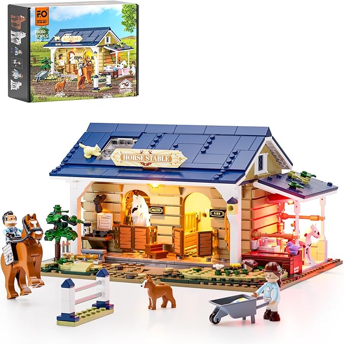 FUNWHOLE Farm Horse-Stable Lighting-Building-Bricks Set - Farm Life Horse Animals Cabin Collection LED Light Cottage Model Display Set 973 Pcs for Adults and Teen-PawvioPets