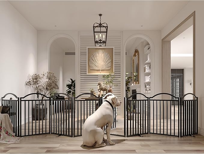 BHG Metal No-Assembly Freestanding Dog Gate with Door Walk Through, Extra Wide 96", Extra Tall 32" Pet Gate, Accordion Puppy Folding Playpen Dog Fence, with 2PCS Support (Black, 8 Panels)-PawvioPets