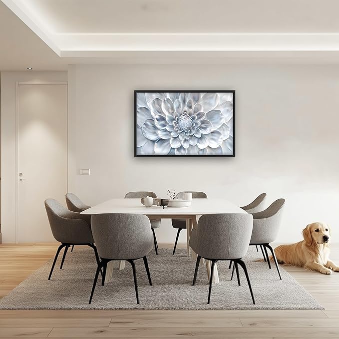 Abstract Flower Large Wall Art White Silver Floral Pictures Wall Decor Neutral Canvas Print Painting Artwork for Bathroom Living Room Bedroom 36L" x 24W"-PawvioPets