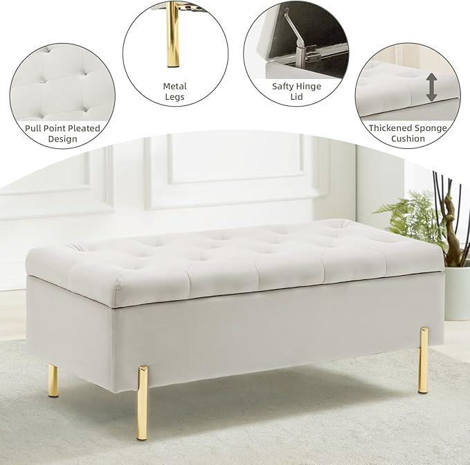 45.6 Inch Velvet Storage Bench Upholstered Tufted Settee Ottoman Bench with Storage, Bed End Bench with Soft Close Lid, for Bedroom, Living Room, Entryway, Rectangular Accent Bench, Beige-PawvioPets
