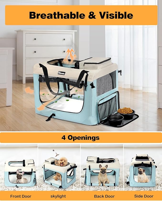 Extra Large Dog Crate with 2 Foldable Bowl, 40 Inch Collapsible Travel Dog Crate Kennel with Soft Blanket for Medium Dogs,Indoor & Outdoor (40" L x 27" W x 27" H, Blue)-PawvioPets