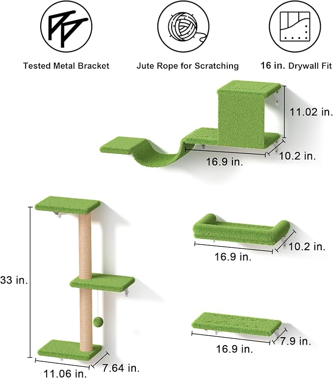 FUKUMARU Cat Wall Shelves, Stable & Safe 4 in 1 Cat Furniture Set, Wooden Climbing Wall with Scratching Post, Bridge and Bed, Stylish Jungle Gym for 16 Inch Drywall - Green-PawvioPets