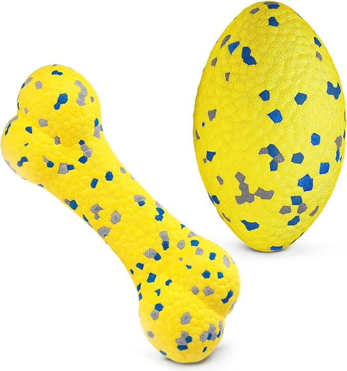2Pcs Upgrade Bone Dog Balls+Rugby Dogs Toys for Aggressive Chewers, Indestructible Tennis Balls for Dogs (Yellow)-PawvioPets