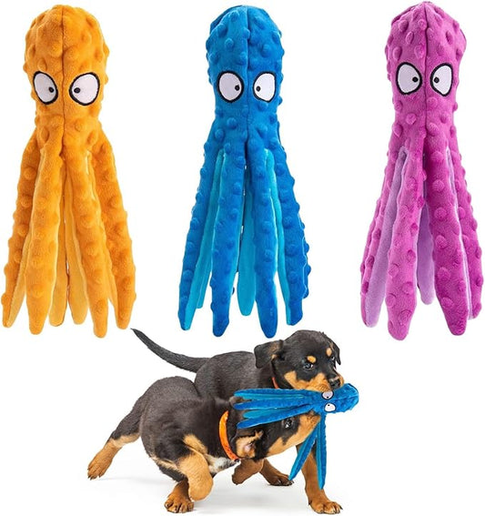 Alphatool Squeaky Dog Toys - 3pcs Soft Plush Chew Crinkle Puppy Toys to Keep Them Busy, Octopus No Stuffing Interactive Essentials for Teething Small Medium Pets Dogs Gifts-PawvioPets