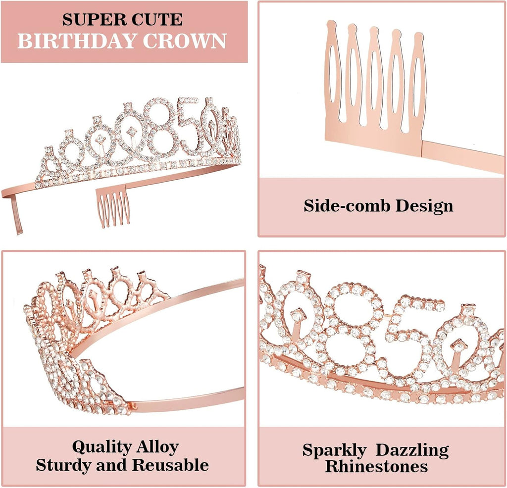 85th Birthday Party Decorations Including Sash, Crown, Numeral Candles and Cake Topper, Rose Gold 85th Birthday Decorations for Women