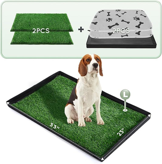 Dog Grass Pad with Foldable Dog Litter Box,Large Liner Base for Balcony，Ultra-Absorbent Artificial Grass Pads for Dogs Pee Pad Holder, Potty Training, 2 PCS Reusable Pee Pad-PawvioPets