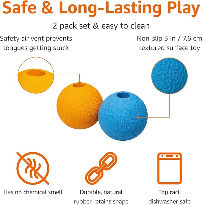Amazon Basics Dog Toys, Interactive Fetch Rubber Balls, (Pack of 2), 3 inch, Blue, Orange-PawvioPets