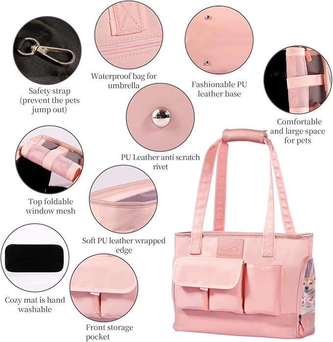 Dog Carrier, Cat Carrier, Pet Carrier, Foldable Waterproof Premium PU Leather Oxford Cloth Dog Purse, Portable Tote Bag Carrier for Small to Medium Cats and Small Dogs (Pink)-PawvioPets