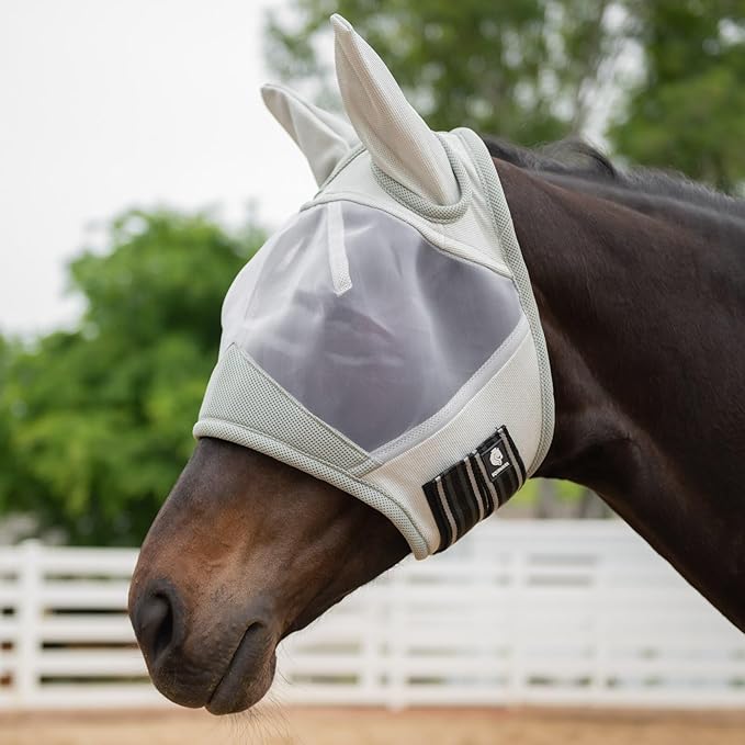 Equinavia Algard Soft Mesh Horse Fly Mask with Ear Protection and 45 UPF Rating | No Eye Irritation & UV Protection - Silver - Cob-PawvioPets