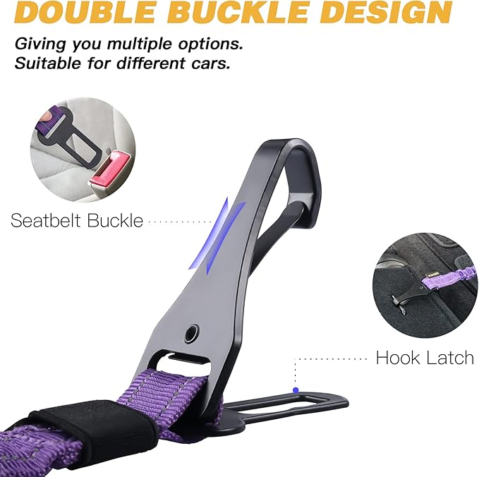 AUBELL Dog Seat Belt for Car,2 Pack Set 3-in-1 Adjustable Reflective Bungee Heavy Duty Dog Car Harness Tether with Clip Hook Latch & Buckle,Swivel Zinc Alloy Carabiner,Black+Purple-PawvioPets