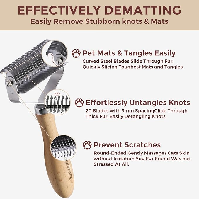 3-in-1 Professional Pet Shedding Dematting Comb - Deshedding Undercoat Rake for Dogs with Stainless Steel Blades Metal Pet Brush with Wood Handle Matted Hair Detangling Thinning and Shedding-PawvioPets