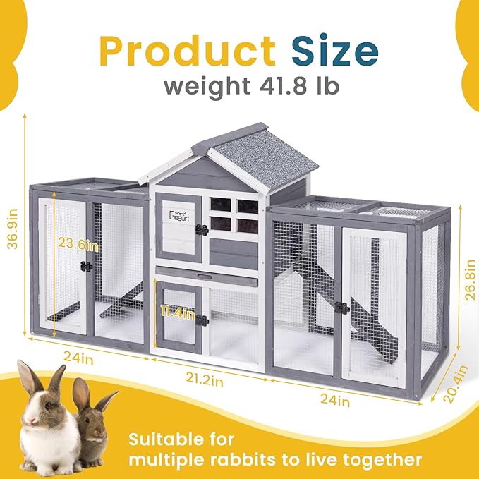 GEGURI Wooden Rabbit Hutch, Indoor Outdoor Chicken Coop Bunny Cage with Waterproof Roof-PawvioPets