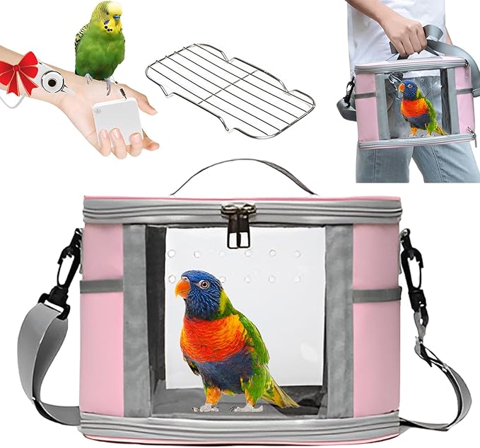 Bird Travel Carrierm, Small Bird Travel Backpack Carrier Cage with Tray and Breathable Clear Window, for Parakeet Cockatiel Budgies, for Camping Hiking (Large-Pink)-PawvioPets
