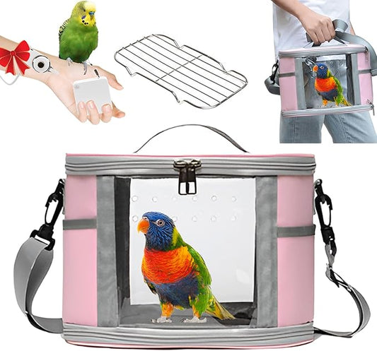 Bird Travel Carrierm, Small Bird Travel Backpack Carrier Cage with Tray and Breathable Clear Window, for Parakeet Cockatiel Budgies, for Camping Hiking (Large-Pink)-PawvioPets